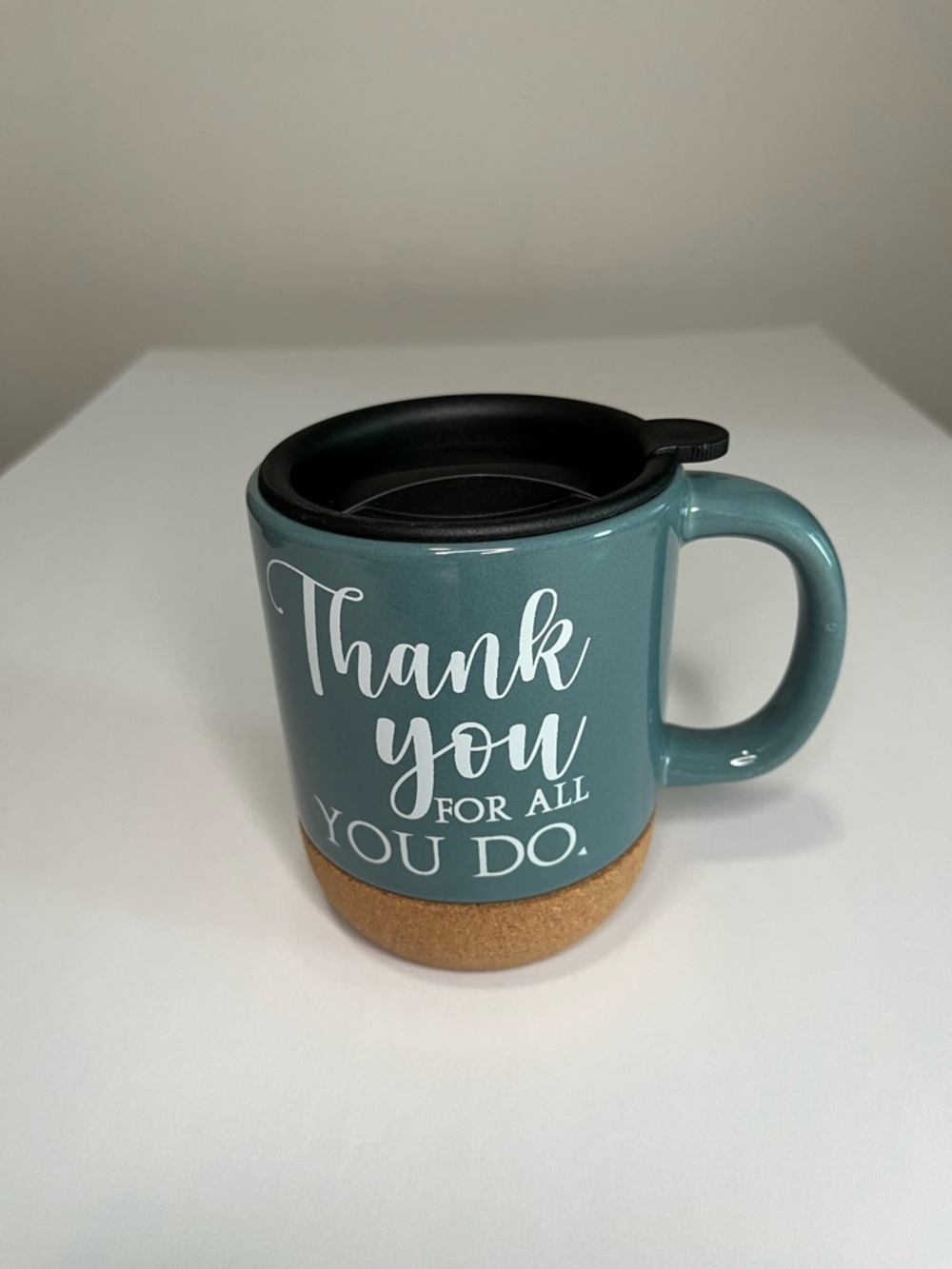 Thank You Ceramic Travel Mug with Cork Base - Teal